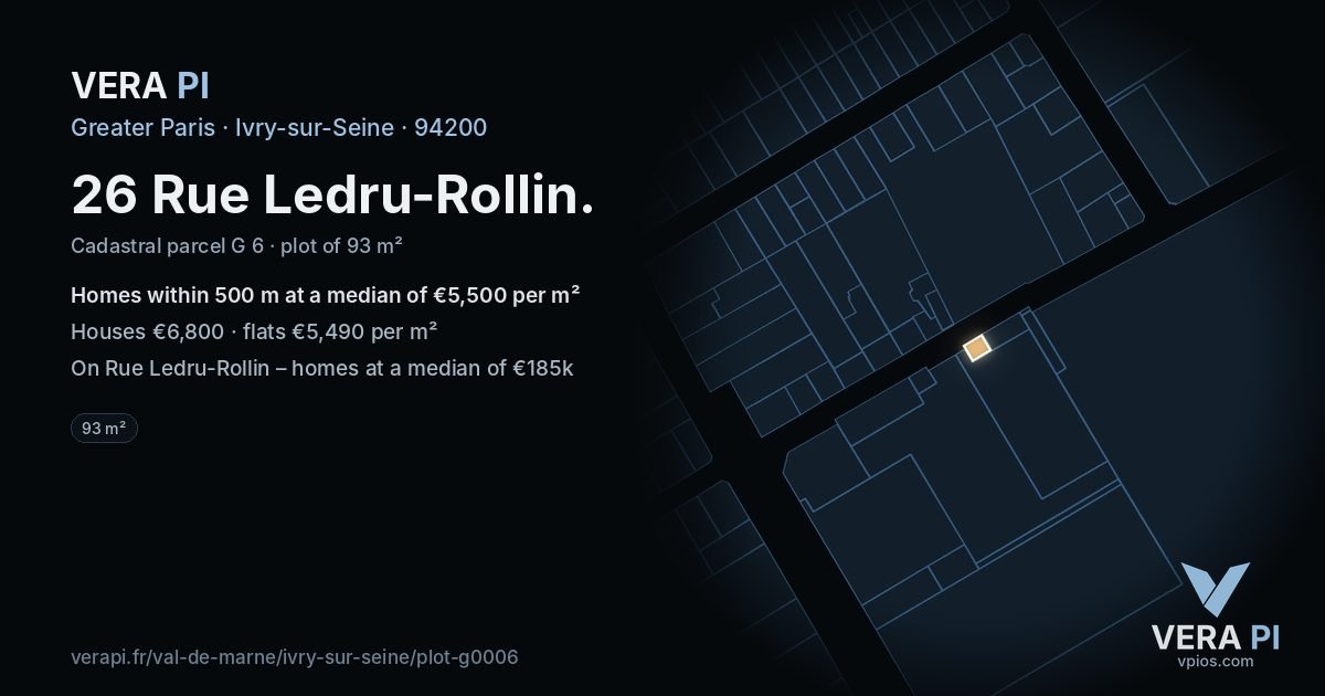 26 Rue Ledru-Rollin, Ivry-sur-Seine at night – the plot lit, the parcels around coloured by the prices near them