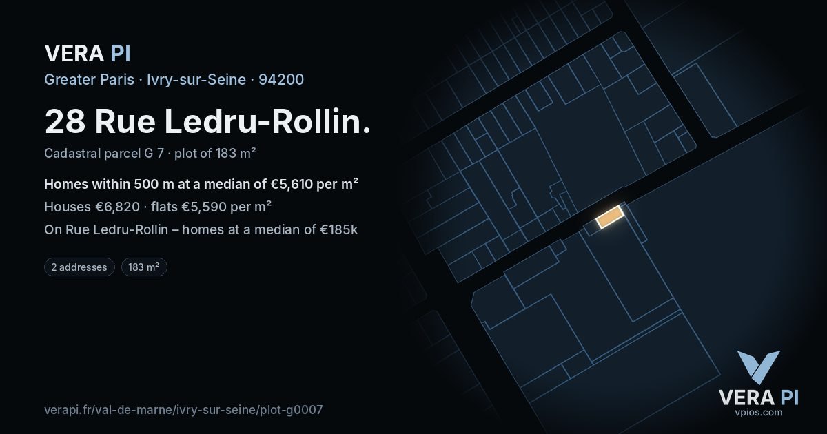 28 Rue Ledru-Rollin, Ivry-sur-Seine at night – the plot lit, the parcels around coloured by the prices near them