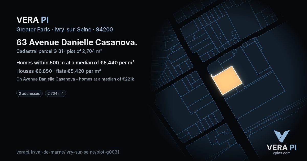 63 Avenue Danielle Casanova, Ivry-sur-Seine at night – the plot lit, the parcels around coloured by the prices near them
