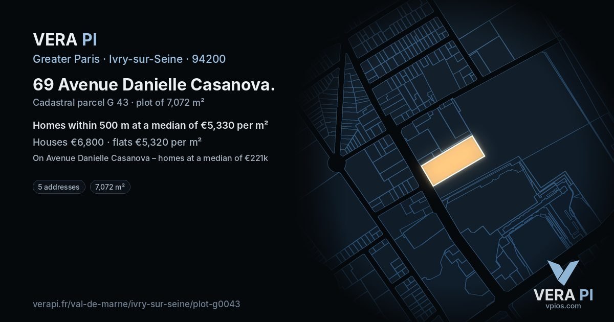 69 Avenue Danielle Casanova, Ivry-sur-Seine at night – the plot lit, the parcels around coloured by the prices near them