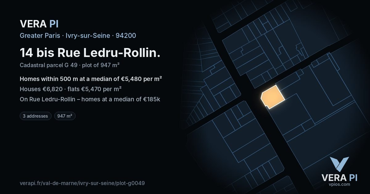 14 bis Rue Ledru-Rollin, Ivry-sur-Seine at night – the plot lit, the parcels around coloured by the prices near them