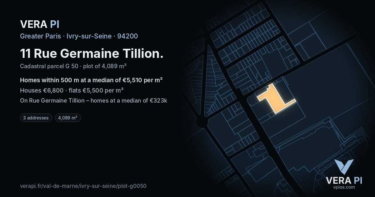 11 Rue Germaine Tillion, Ivry-sur-Seine at night – the plot lit, the parcels around coloured by the prices near them
