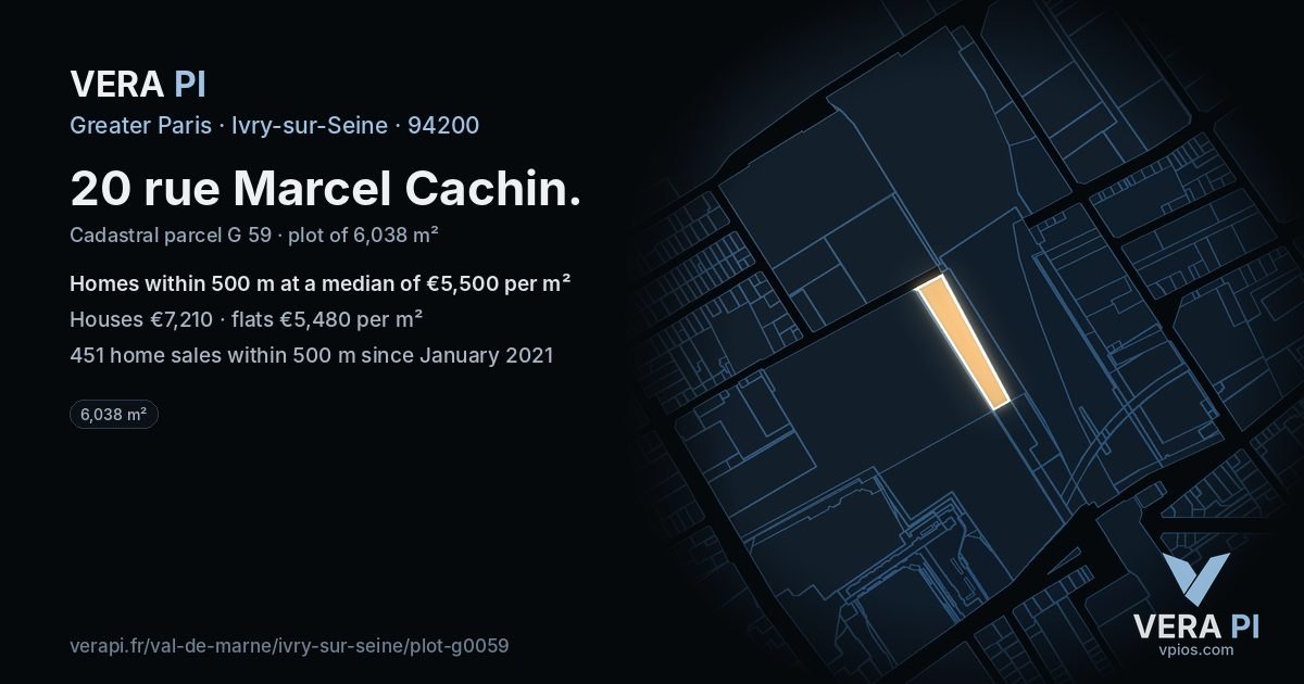 20 rue Marcel Cachin, Ivry-sur-Seine at night – the plot lit, the parcels around coloured by the prices near them