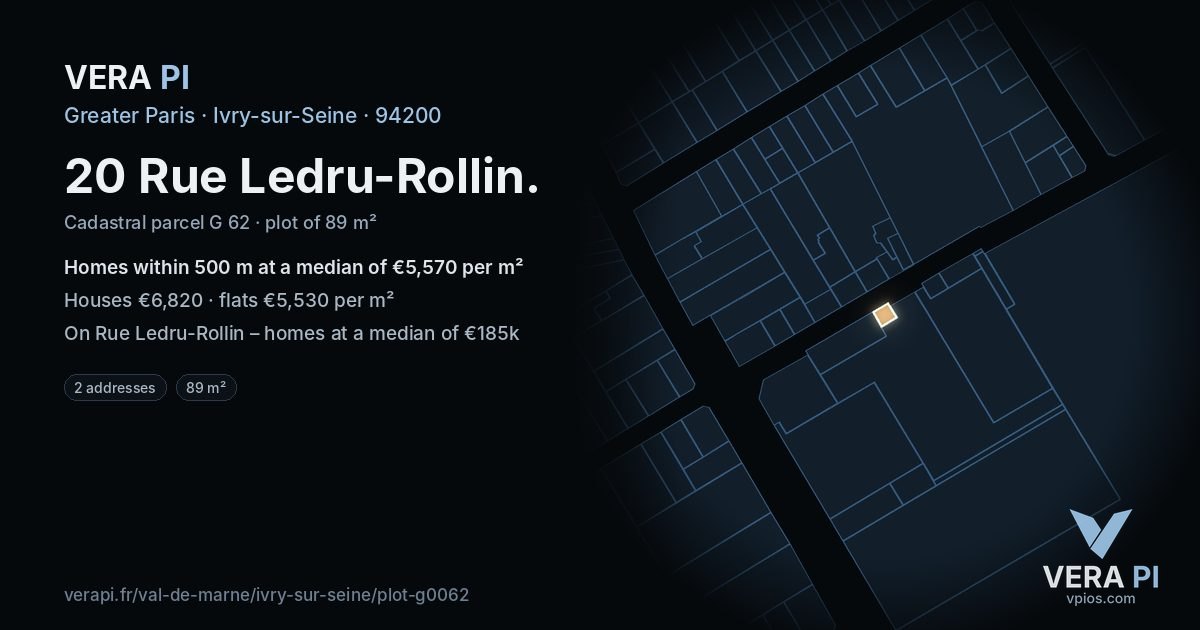 20 Rue Ledru-Rollin, Ivry-sur-Seine at night – the plot lit, the parcels around coloured by the prices near them