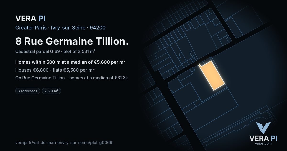 8 Rue Germaine Tillion, Ivry-sur-Seine at night – the plot lit, the parcels around coloured by the prices near them