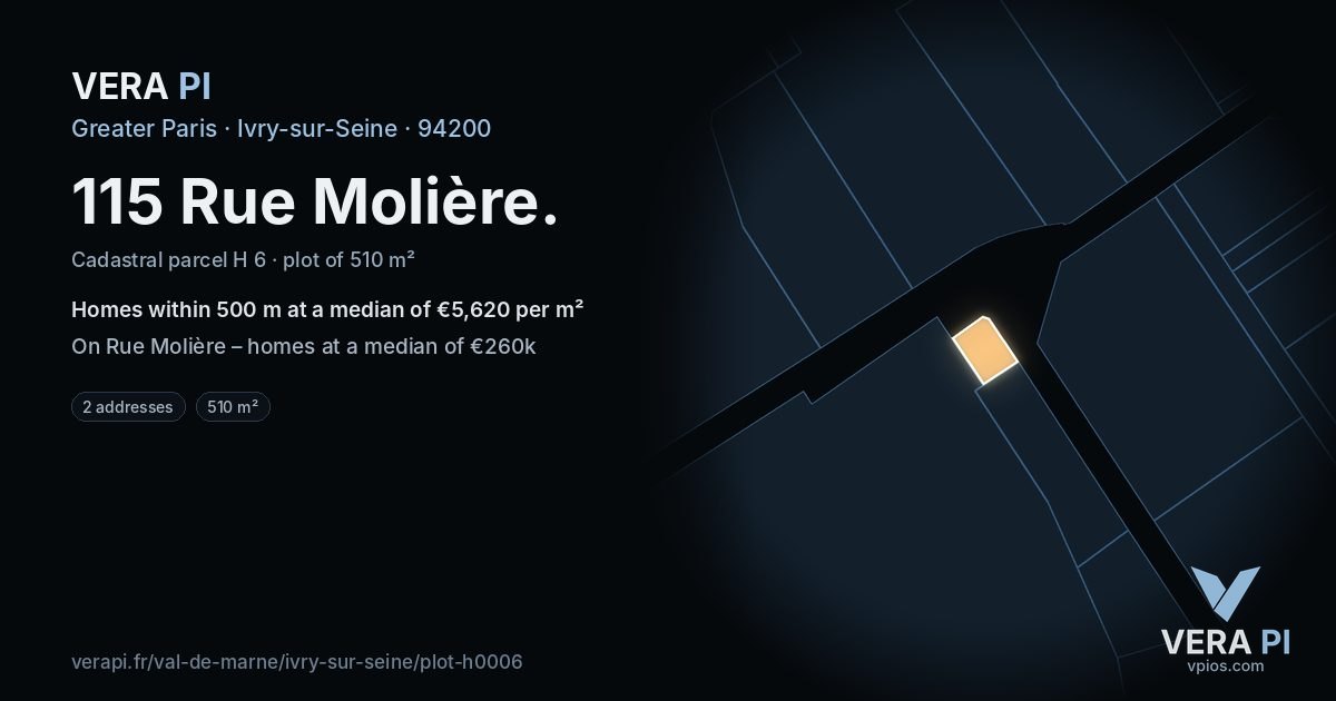 115 Rue Molière, Ivry-sur-Seine at night – the plot lit, the parcels around coloured by the prices near them