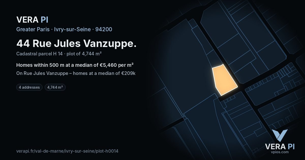 44 Rue Jules Vanzuppe, Ivry-sur-Seine at night – the plot lit, the parcels around coloured by the prices near them