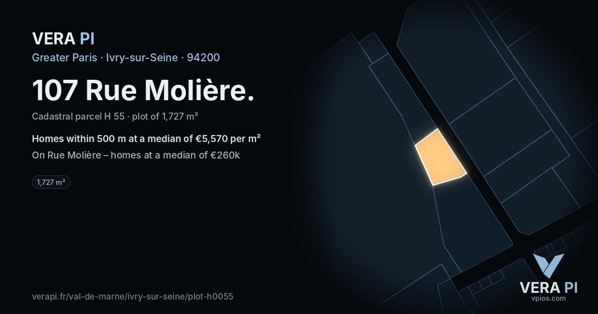 107 Rue Molière, Ivry-sur-Seine at night – the plot lit, the parcels around coloured by the prices near them