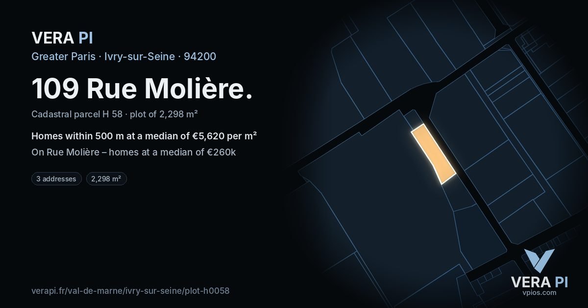 109 Rue Molière, Ivry-sur-Seine at night – the plot lit, the parcels around coloured by the prices near them