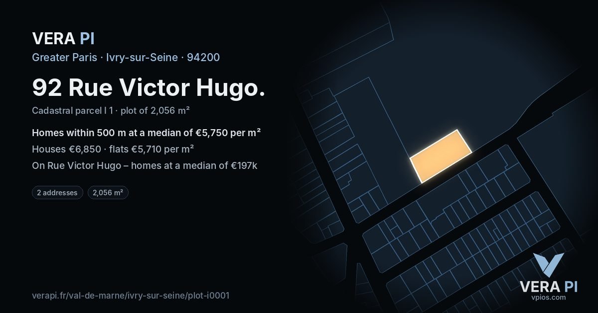 92 Rue Victor Hugo, Ivry-sur-Seine at night – the plot lit, the parcels around coloured by the prices near them