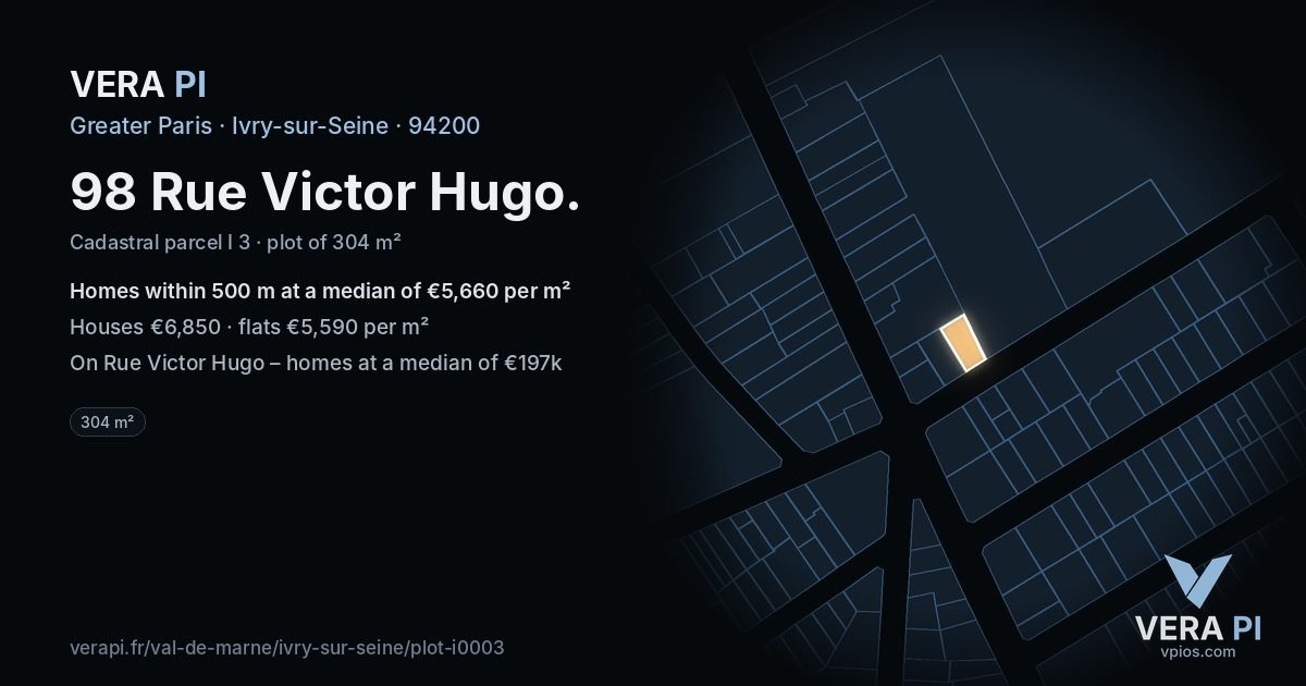 98 Rue Victor Hugo, Ivry-sur-Seine at night – the plot lit, the parcels around coloured by the prices near them