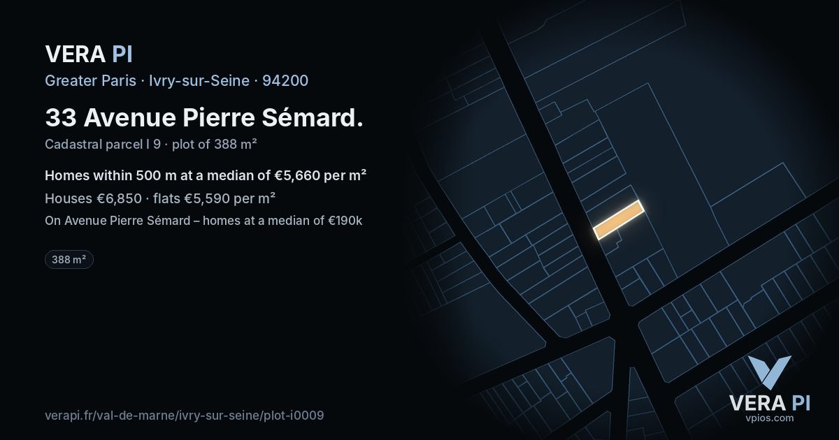 33 Avenue Pierre Sémard, Ivry-sur-Seine at night – the plot lit, the parcels around coloured by the prices near them