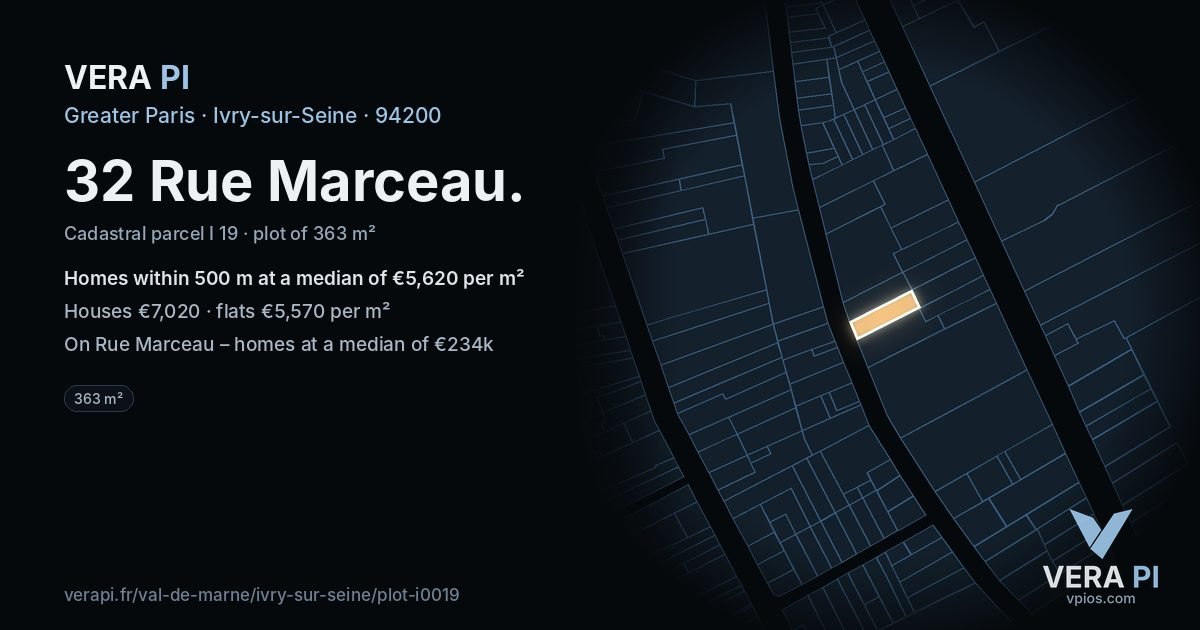 32 Rue Marceau, Ivry-sur-Seine at night – the plot lit, the parcels around coloured by the prices near them