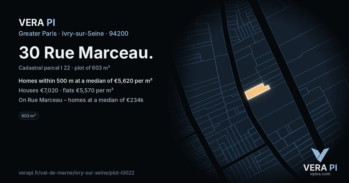 30 Rue Marceau, Ivry-sur-Seine at night – the plot lit, the parcels around coloured by the prices near them