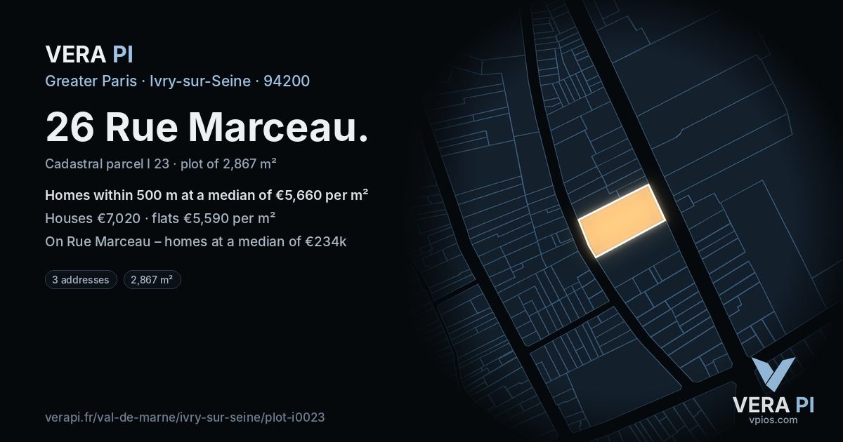 26 Rue Marceau, Ivry-sur-Seine at night – the plot lit, the parcels around coloured by the prices near them