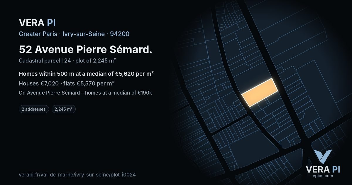 52 Avenue Pierre Sémard, Ivry-sur-Seine at night – the plot lit, the parcels around coloured by the prices near them