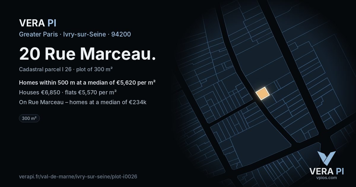 20 Rue Marceau, Ivry-sur-Seine at night – the plot lit, the parcels around coloured by the prices near them