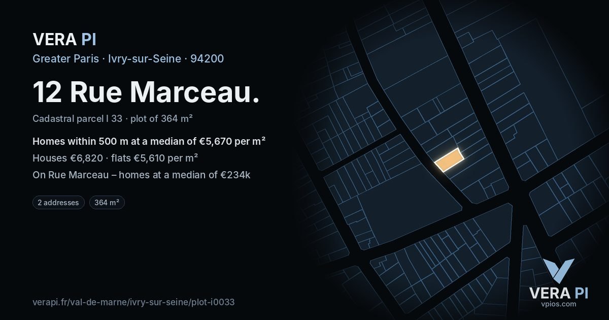 12 Rue Marceau, Ivry-sur-Seine at night – the plot lit, the parcels around coloured by the prices near them