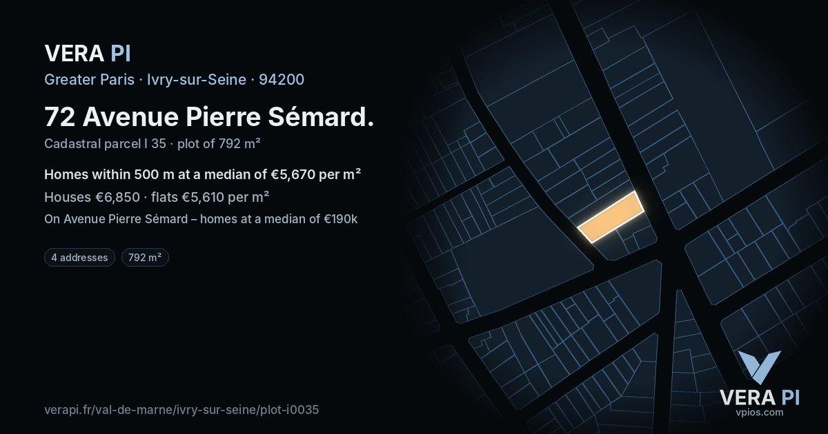 72 Avenue Pierre Sémard, Ivry-sur-Seine at night – the plot lit, the parcels around coloured by the prices near them
