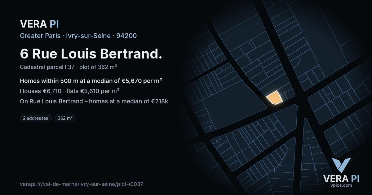 6 Rue Louis Bertrand, Ivry-sur-Seine at night – the plot lit, the parcels around coloured by the prices near them