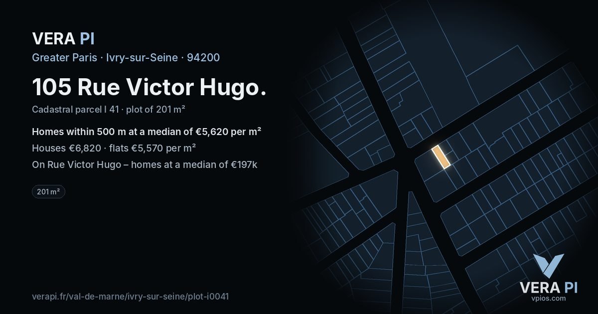 105 Rue Victor Hugo, Ivry-sur-Seine at night – the plot lit, the parcels around coloured by the prices near them
