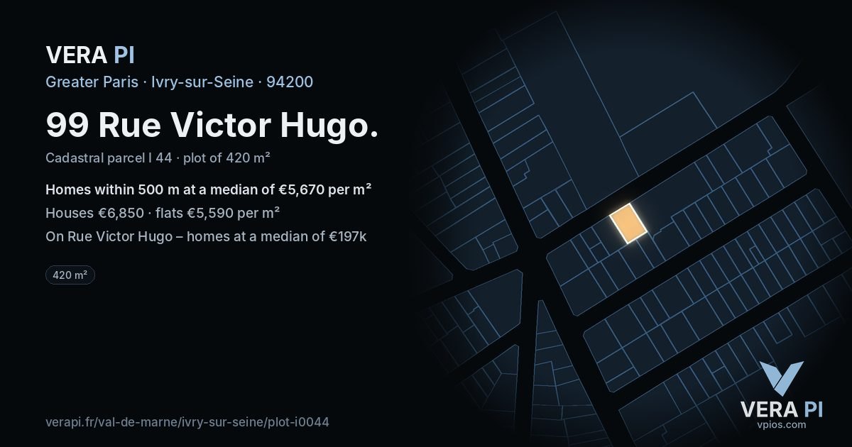 99 Rue Victor Hugo, Ivry-sur-Seine at night – the plot lit, the parcels around coloured by the prices near them