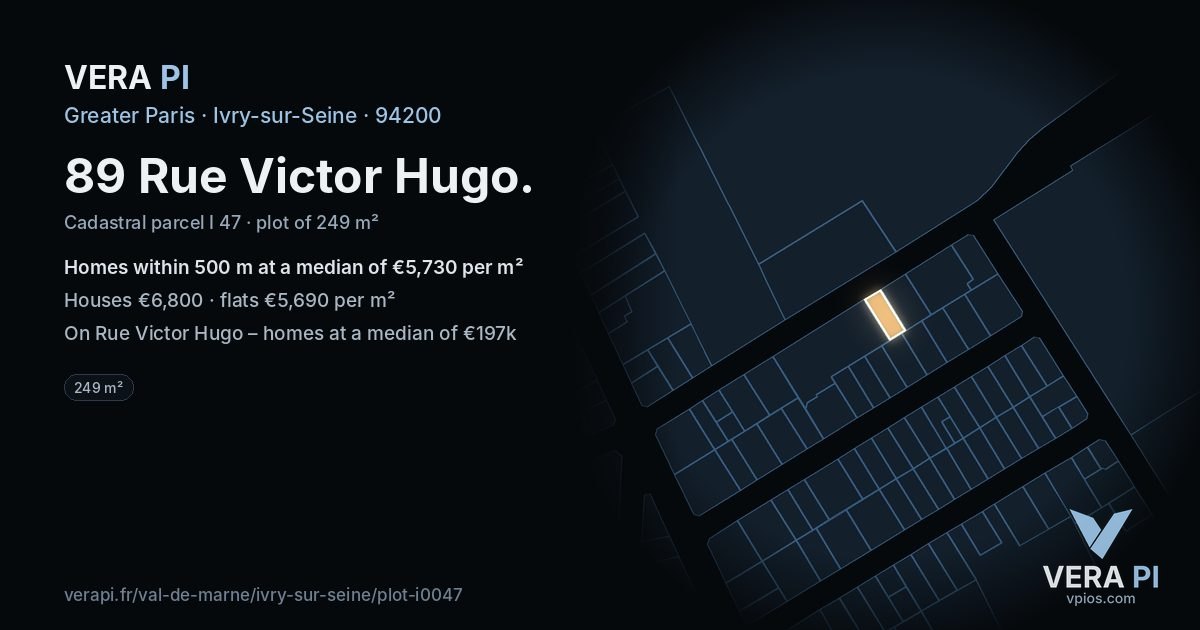89 Rue Victor Hugo, Ivry-sur-Seine at night – the plot lit, the parcels around coloured by the prices near them