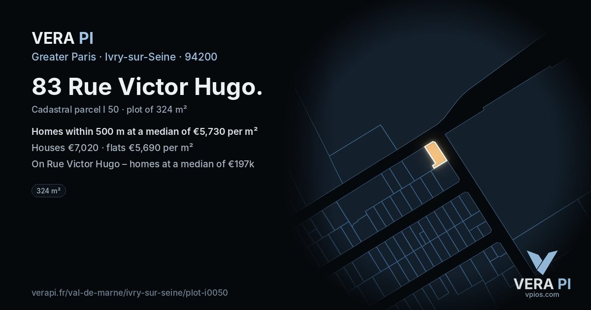 83 Rue Victor Hugo, Ivry-sur-Seine at night – the plot lit, the parcels around coloured by the prices near them