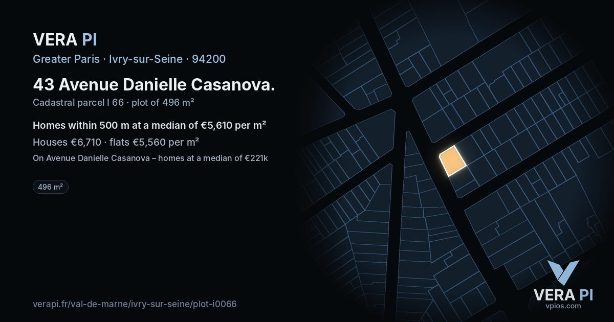 43 Avenue Danielle Casanova, Ivry-sur-Seine at night – the plot lit, the parcels around coloured by the prices near them