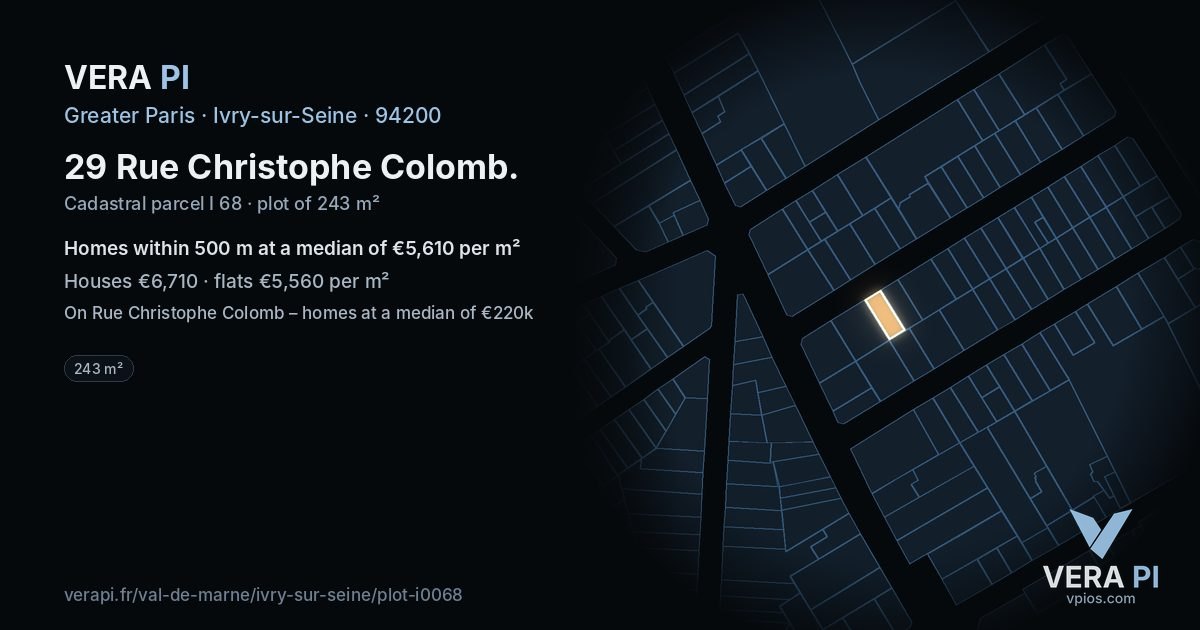 29 Rue Christophe Colomb, Ivry-sur-Seine at night – the plot lit, the parcels around coloured by the prices near them