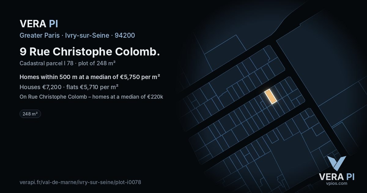 9 Rue Christophe Colomb, Ivry-sur-Seine at night – the plot lit, the parcels around coloured by the prices near them