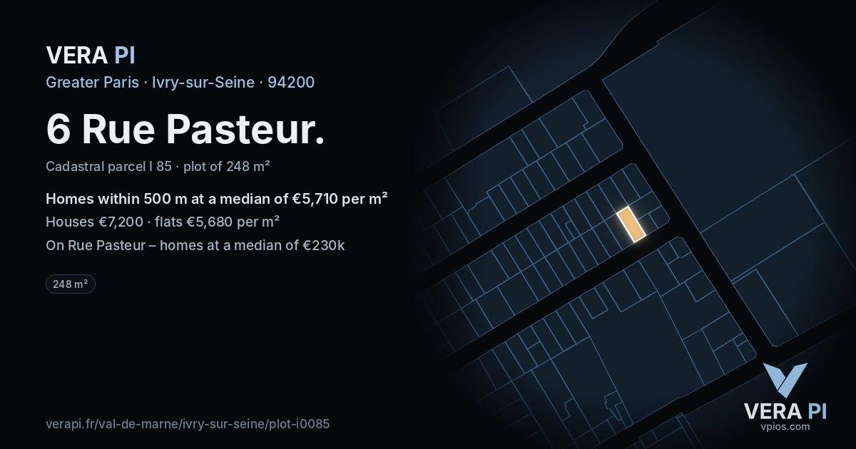 6 Rue Pasteur, Ivry-sur-Seine at night – the plot lit, the parcels around coloured by the prices near them