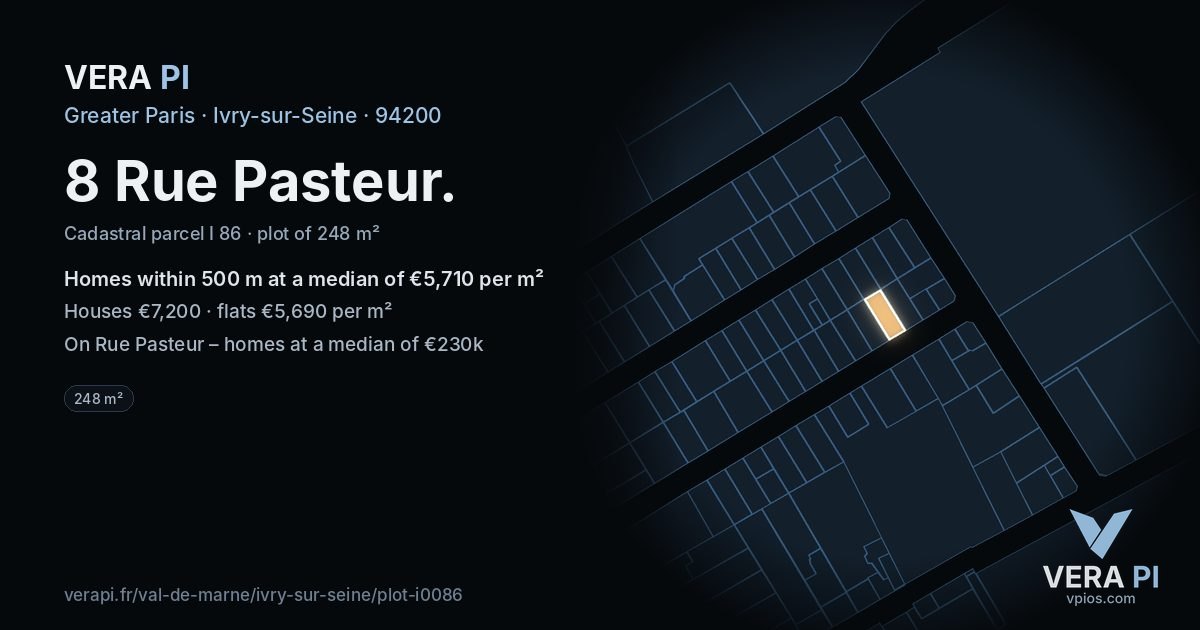 8 Rue Pasteur, Ivry-sur-Seine at night – the plot lit, the parcels around coloured by the prices near them