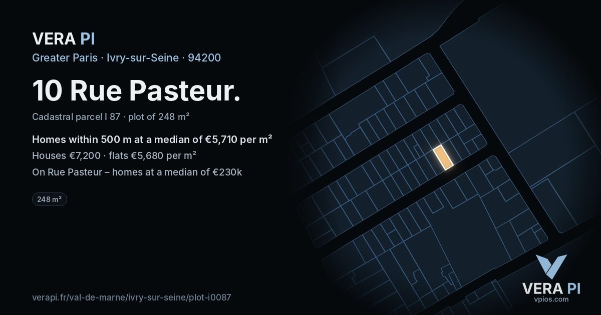 10 Rue Pasteur, Ivry-sur-Seine at night – the plot lit, the parcels around coloured by the prices near them