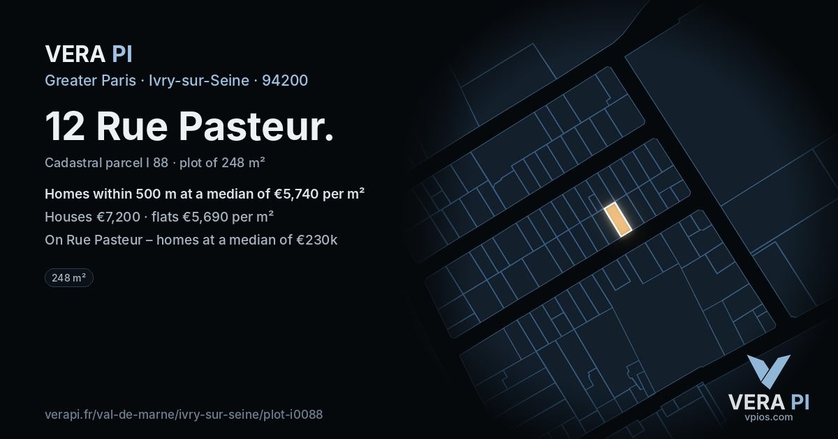 12 Rue Pasteur, Ivry-sur-Seine at night – the plot lit, the parcels around coloured by the prices near them
