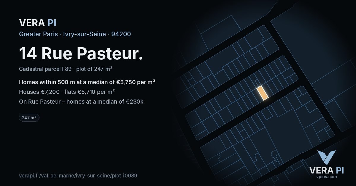14 Rue Pasteur, Ivry-sur-Seine at night – the plot lit, the parcels around coloured by the prices near them