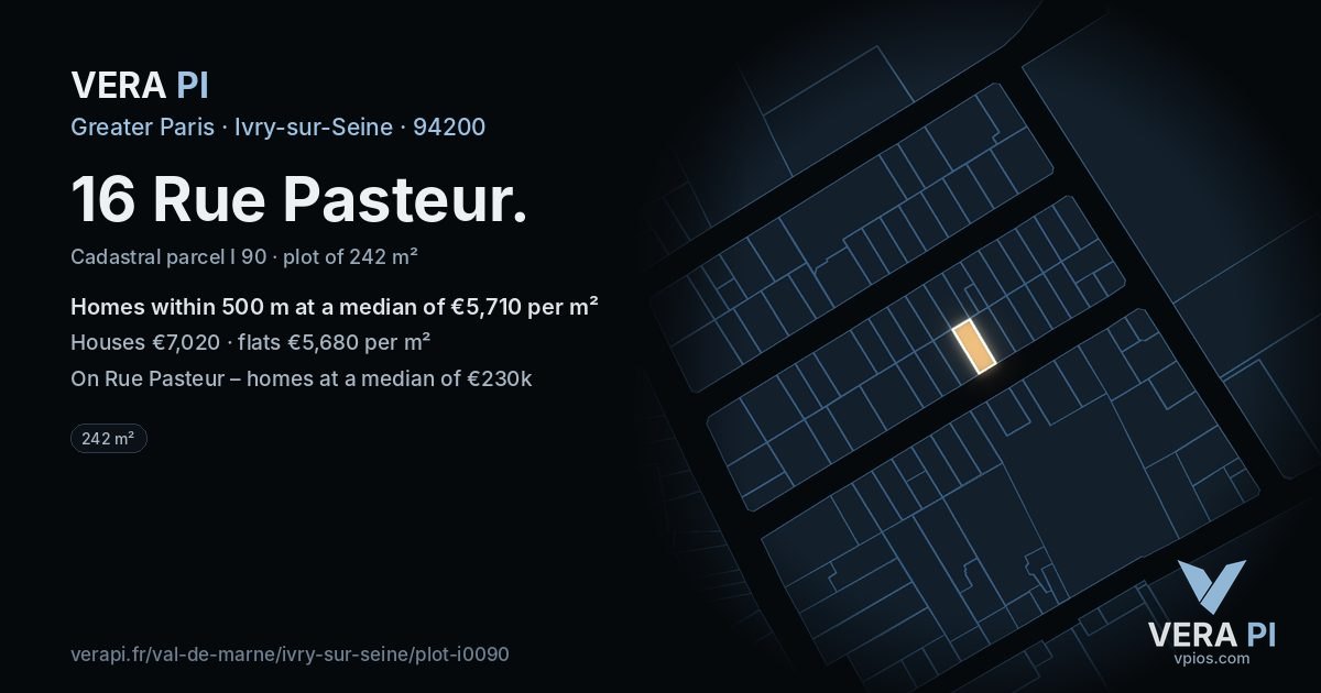 16 Rue Pasteur, Ivry-sur-Seine at night – the plot lit, the parcels around coloured by the prices near them