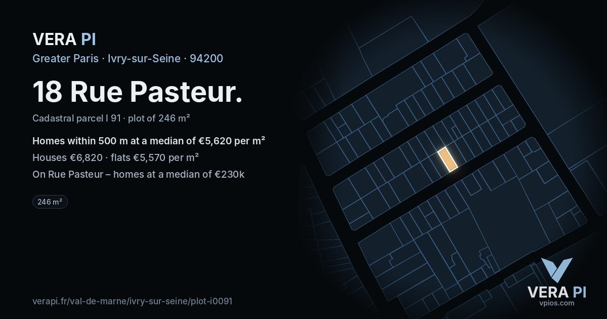18 Rue Pasteur, Ivry-sur-Seine at night – the plot lit, the parcels around coloured by the prices near them