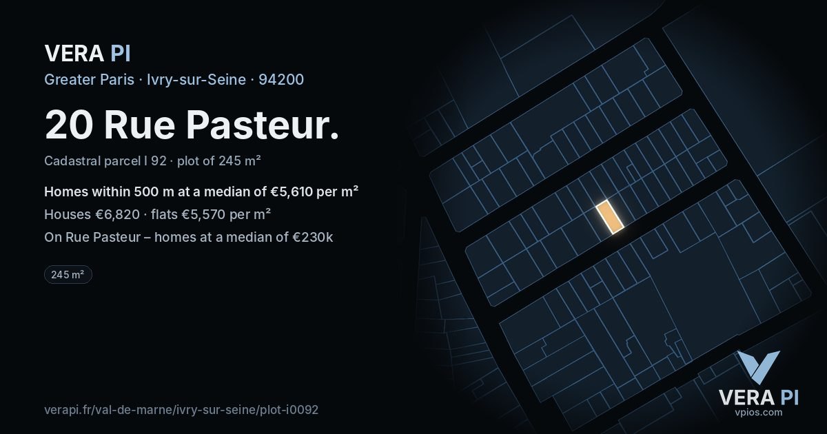 20 Rue Pasteur, Ivry-sur-Seine at night – the plot lit, the parcels around coloured by the prices near them