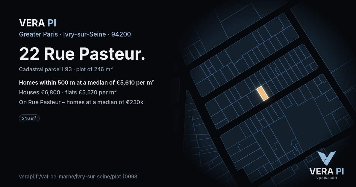 22 Rue Pasteur, Ivry-sur-Seine at night – the plot lit, the parcels around coloured by the prices near them