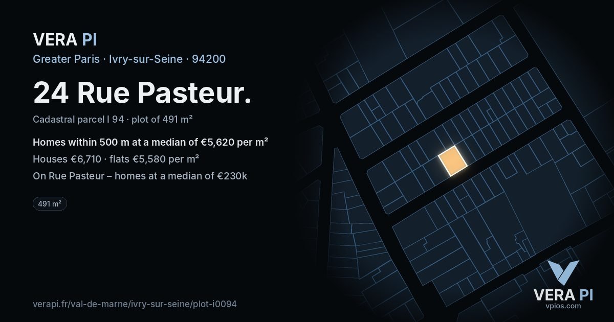 24 Rue Pasteur, Ivry-sur-Seine at night – the plot lit, the parcels around coloured by the prices near them