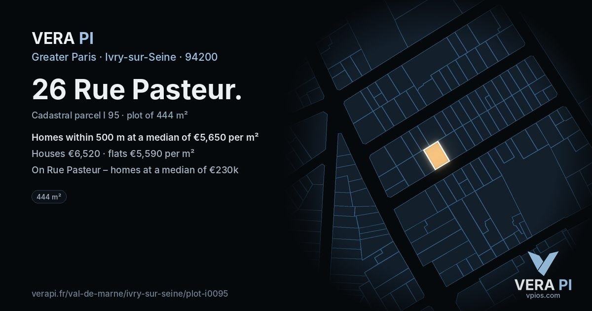 26 Rue Pasteur, Ivry-sur-Seine at night – the plot lit, the parcels around coloured by the prices near them