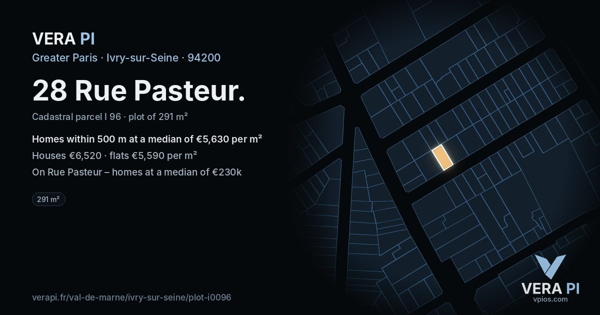 28 Rue Pasteur, Ivry-sur-Seine at night – the plot lit, the parcels around coloured by the prices near them