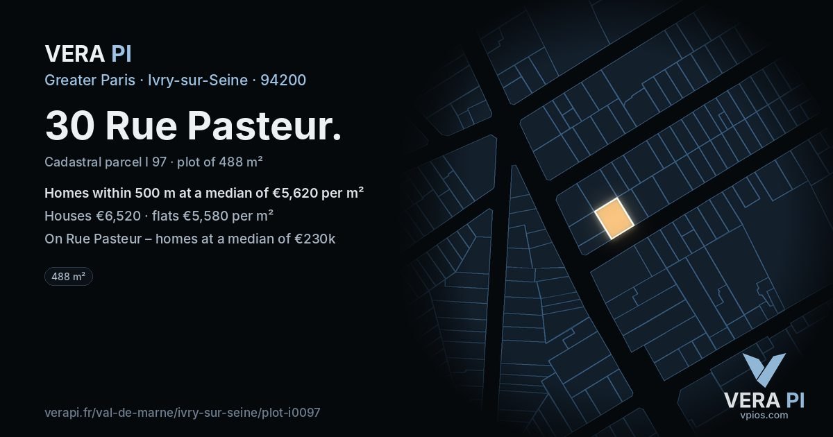 30 Rue Pasteur, Ivry-sur-Seine at night – the plot lit, the parcels around coloured by the prices near them