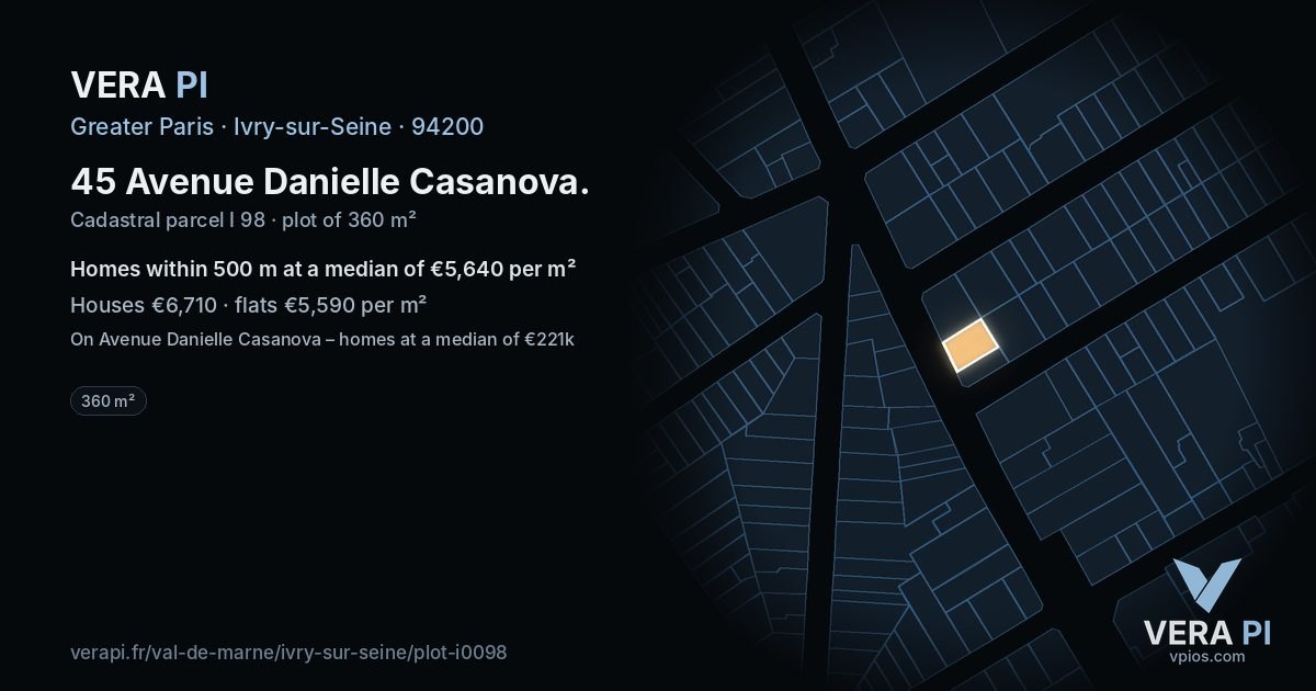 45 Avenue Danielle Casanova, Ivry-sur-Seine at night – the plot lit, the parcels around coloured by the prices near them
