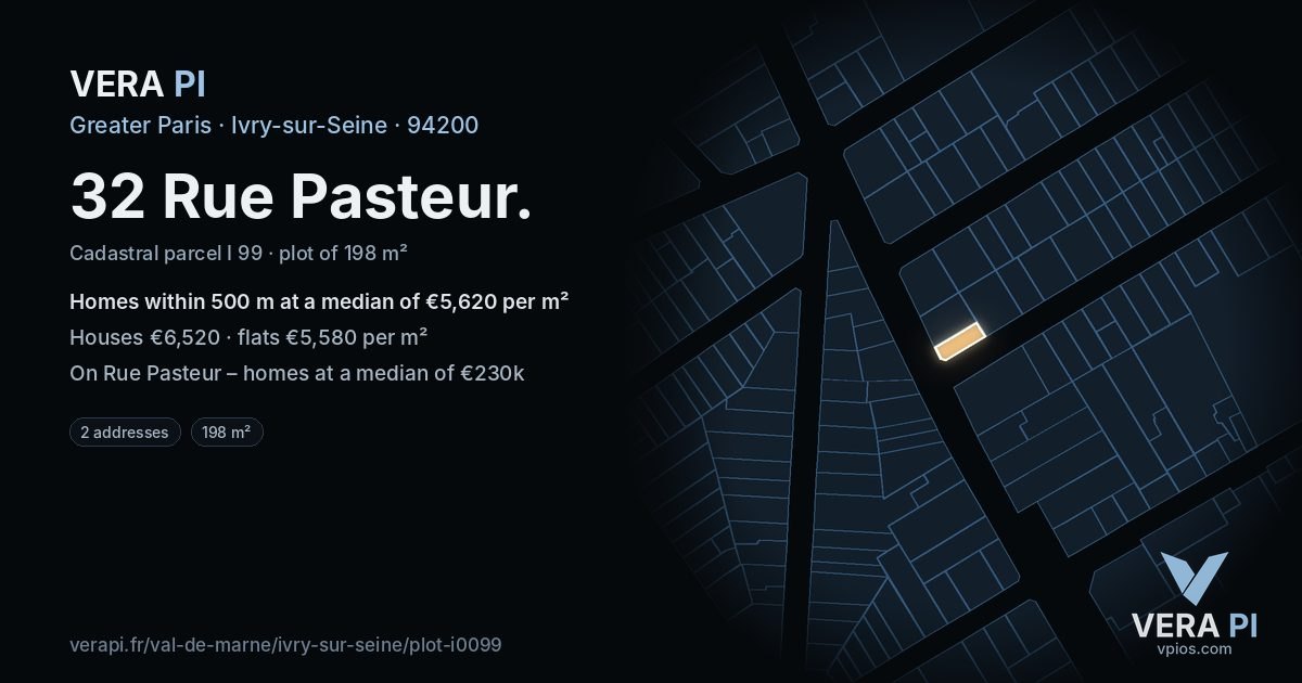 32 Rue Pasteur, Ivry-sur-Seine at night – the plot lit, the parcels around coloured by the prices near them