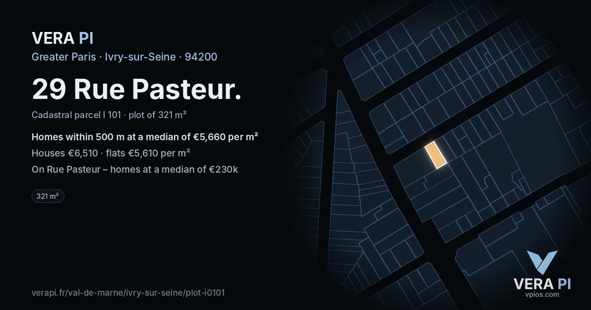 29 Rue Pasteur, Ivry-sur-Seine at night – the plot lit, the parcels around coloured by the prices near them