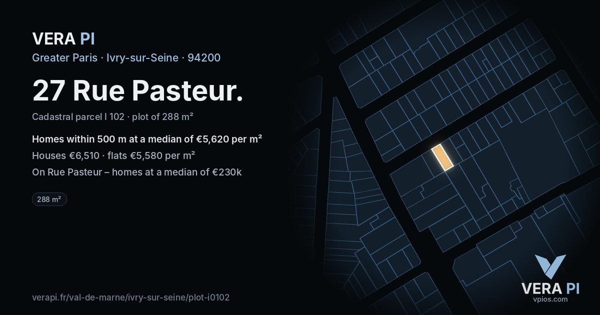 27 Rue Pasteur, Ivry-sur-Seine at night – the plot lit, the parcels around coloured by the prices near them