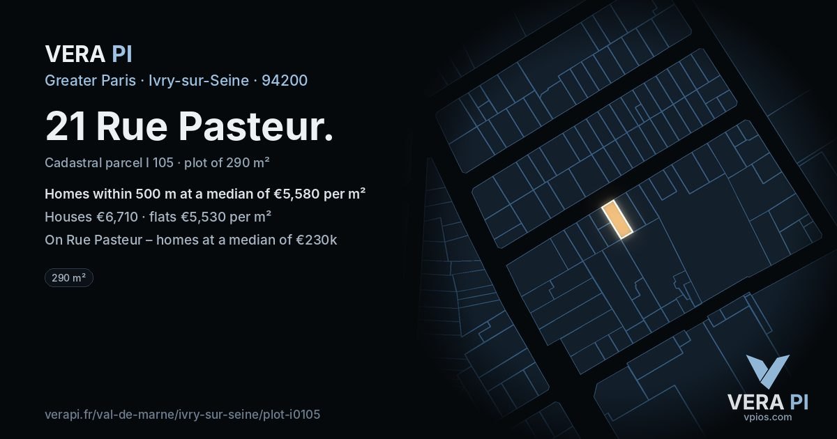 21 Rue Pasteur, Ivry-sur-Seine at night – the plot lit, the parcels around coloured by the prices near them