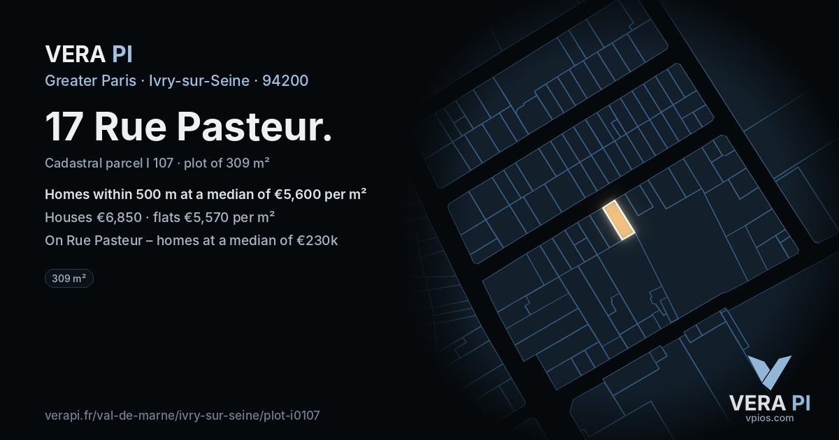 17 Rue Pasteur, Ivry-sur-Seine at night – the plot lit, the parcels around coloured by the prices near them